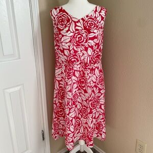 Talbots Shift Dress Red Floral Cotton Silk Gauze Sleeveless V-Neck Midi Size 14